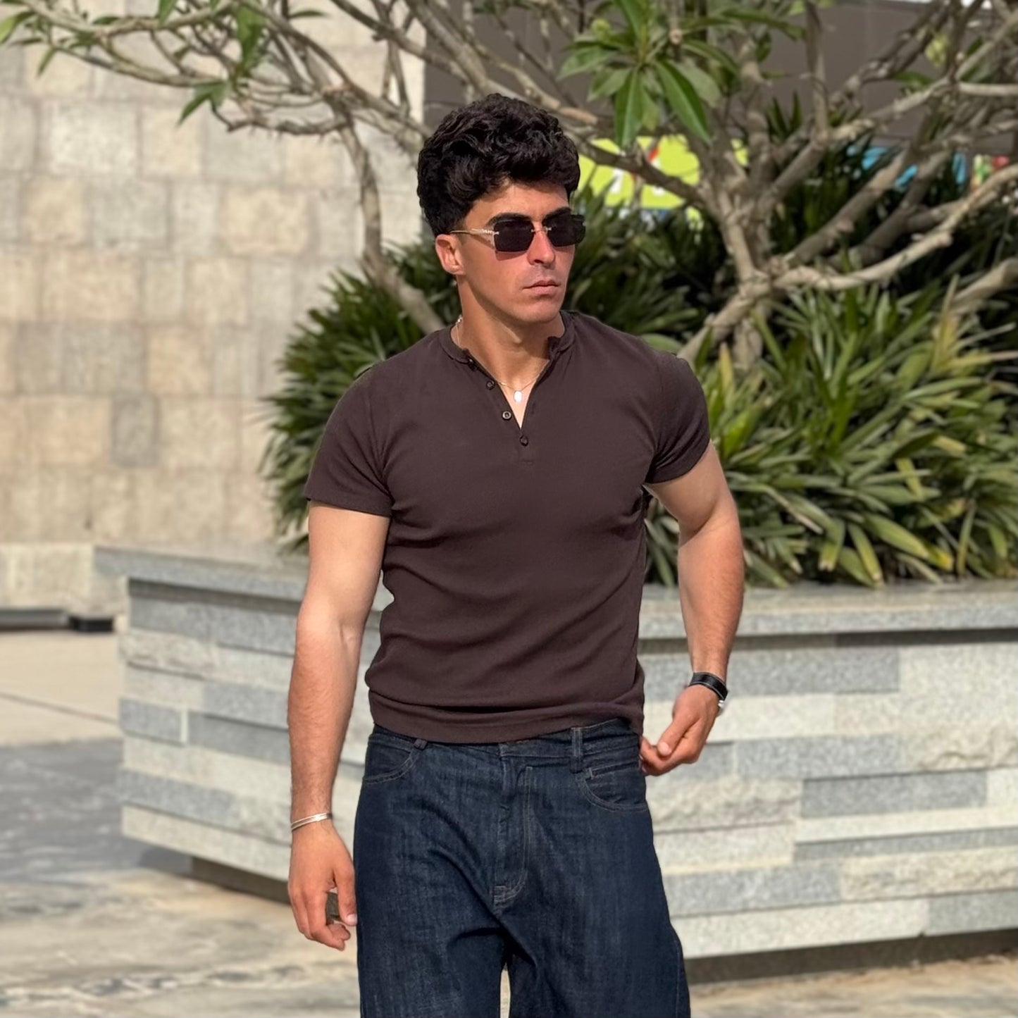 Brown Short Sleeve Henley Shirt