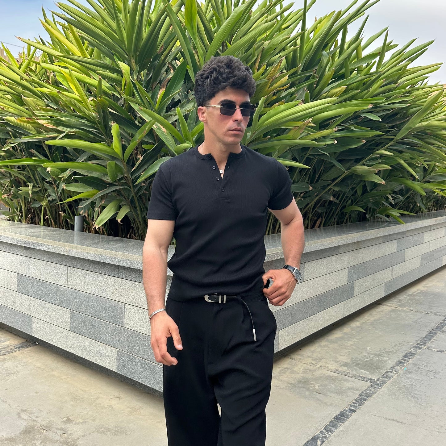 Black Short Sleeve Henley Shirt