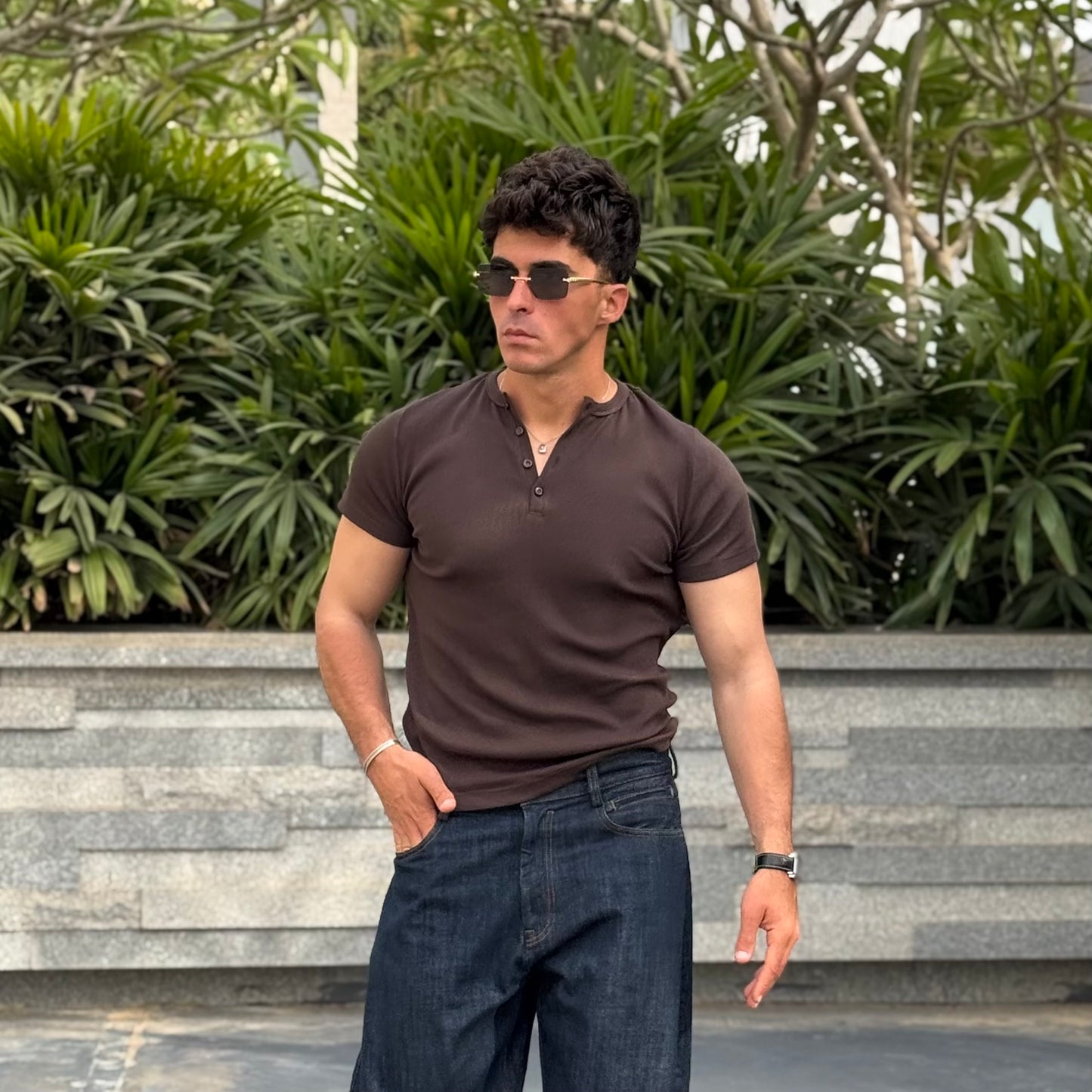 Brown Short Sleeve Henley Shirt