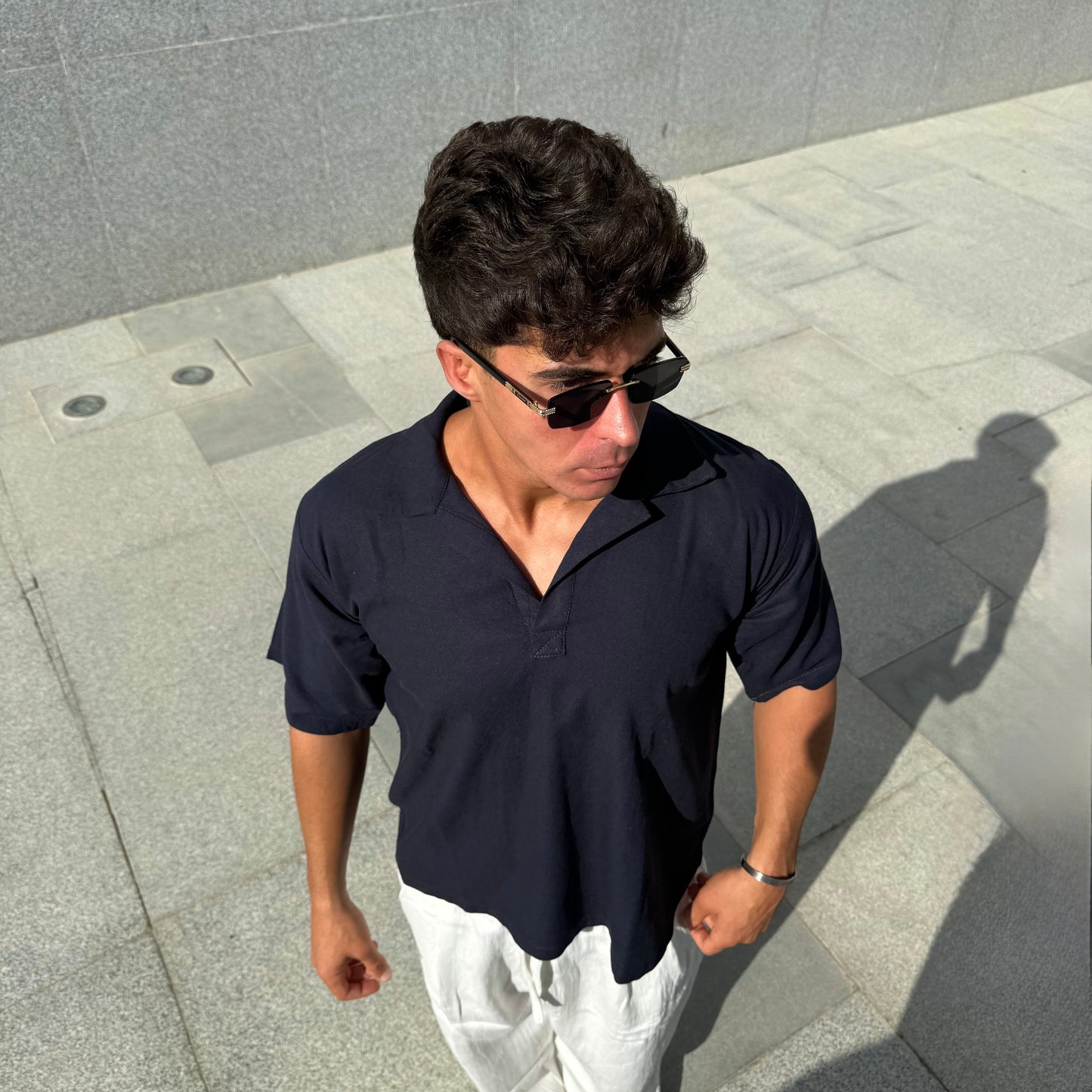 Navy Open-Collar Linen Shirt