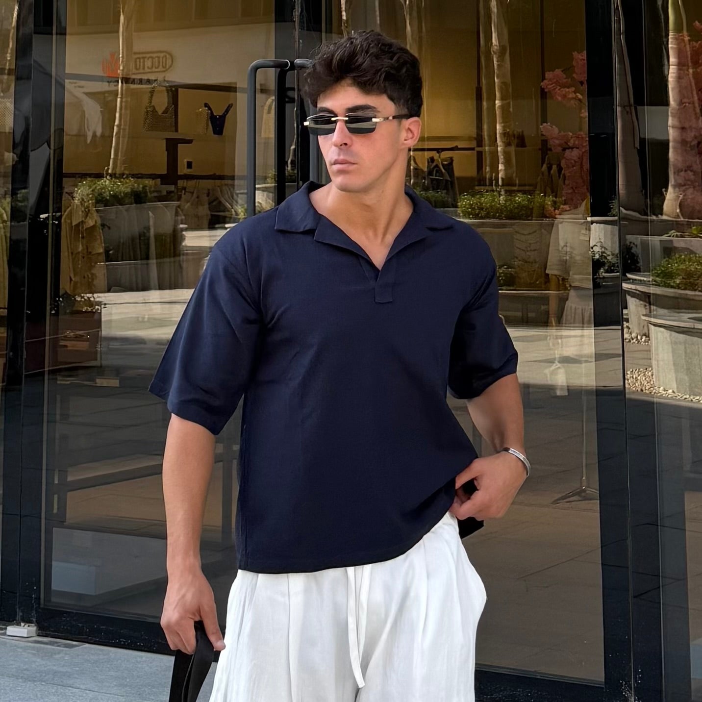 Navy Open-Collar Linen Shirt