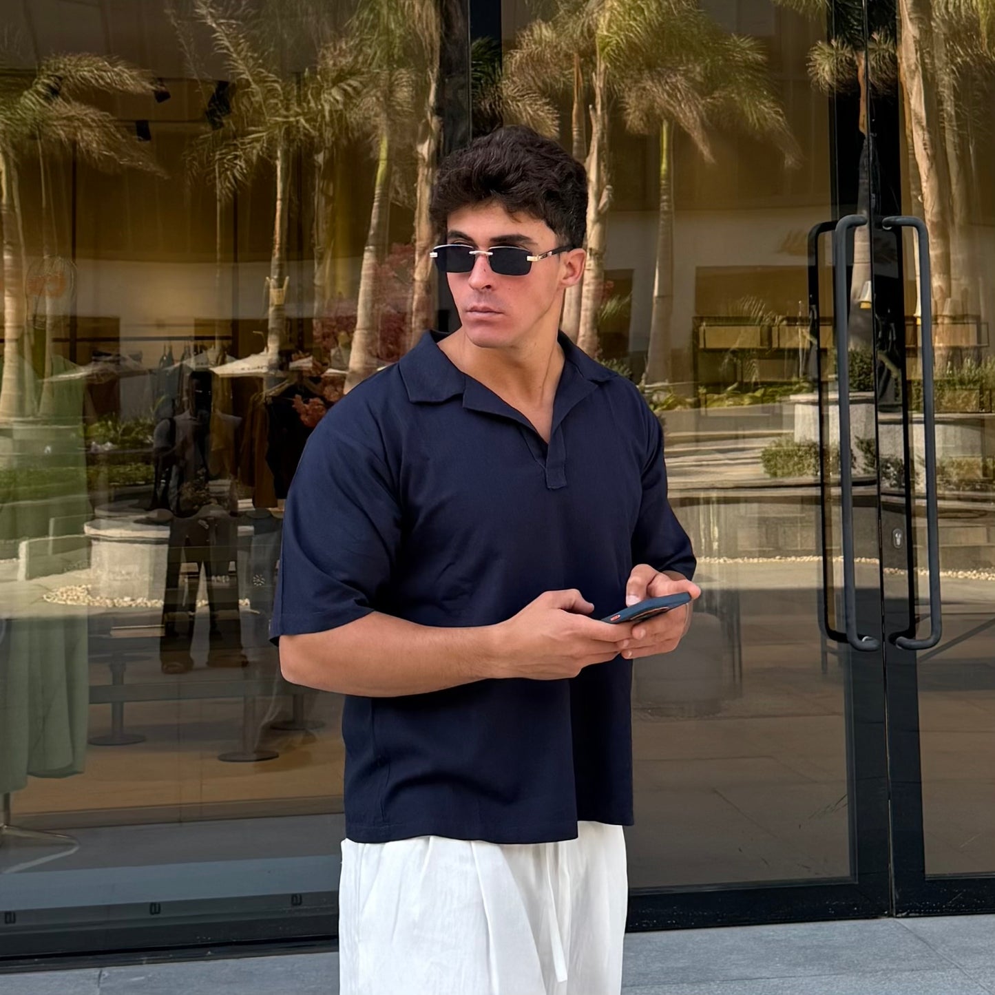 Navy Open-Collar Linen Shirt