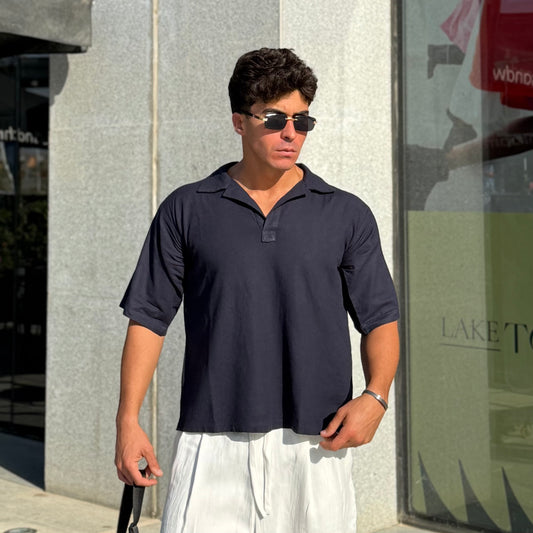 Navy Open-Collar Linen Shirt