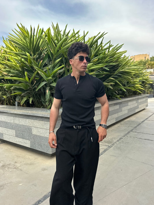 Black Short Sleeve Henley Shirt