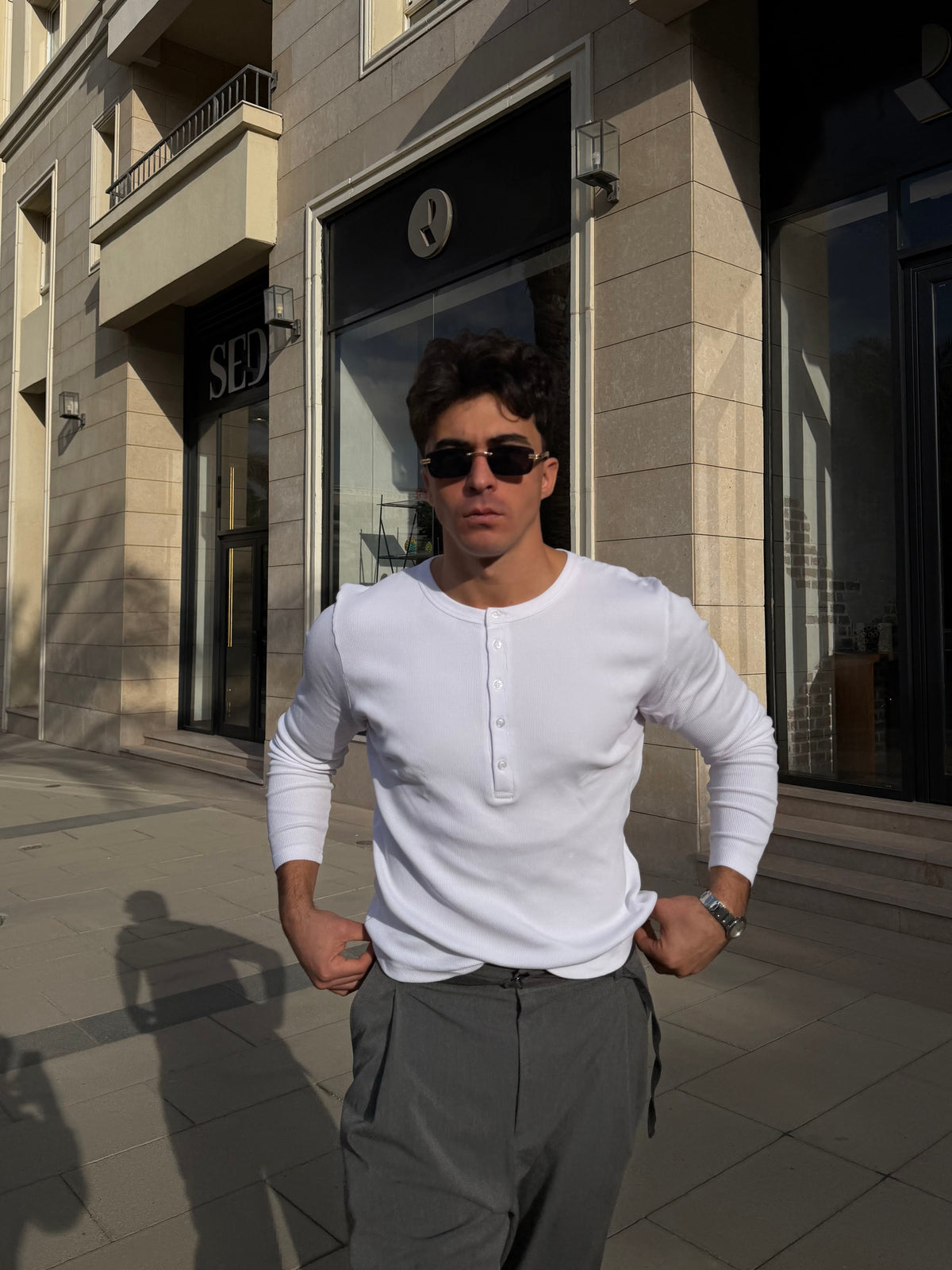White Henley Long Sleeve T-Shirt | JOVA