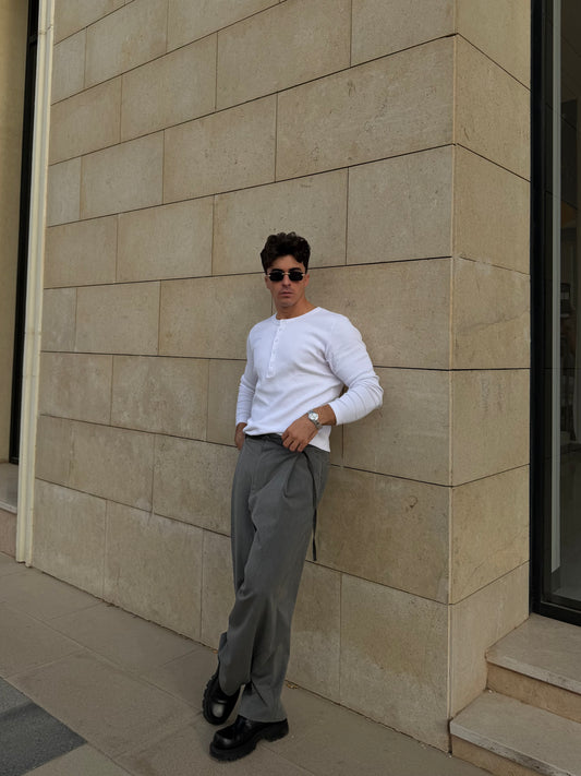 White Henley Long Sleeve T-Shirt | JOVA